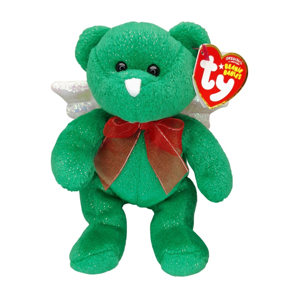 Ty Beanie Babies Hark Christmas Angel Bear Green Gold Tinsel Plush 2007 40533